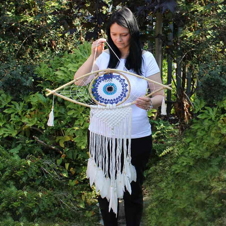 Protection Dream Catcher  - Lrg Macrame Evil Eye White/ Blue/Grey