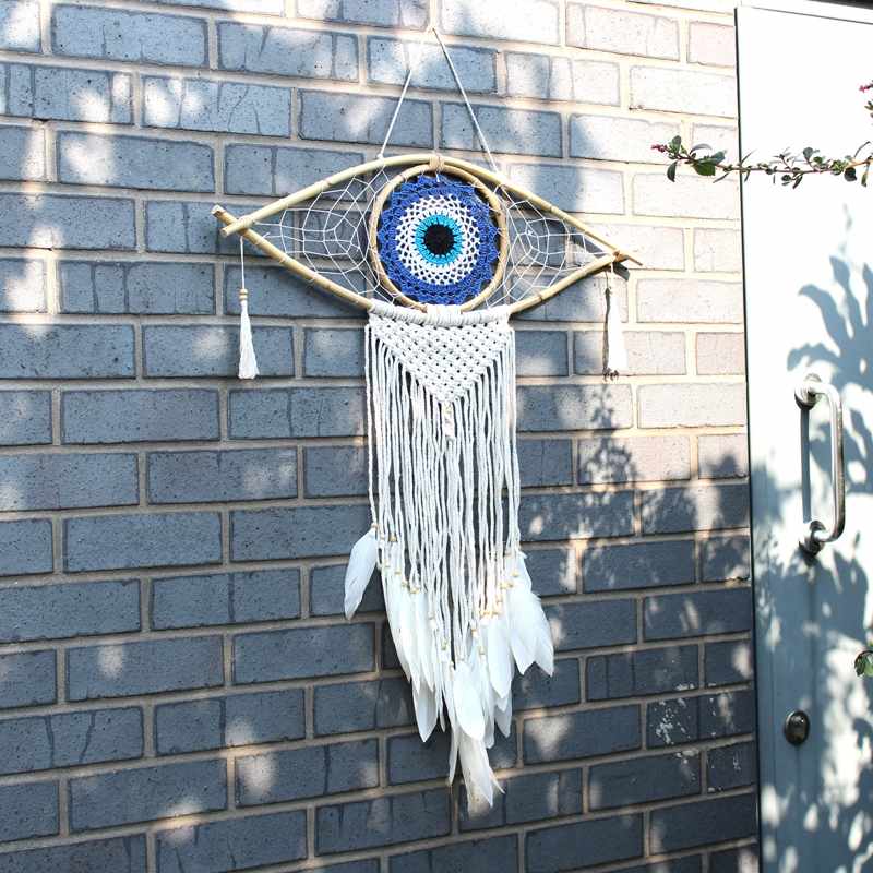 Protection Dream Catcher - Lrg Macrame Evil Eye White/ Grey/Brown