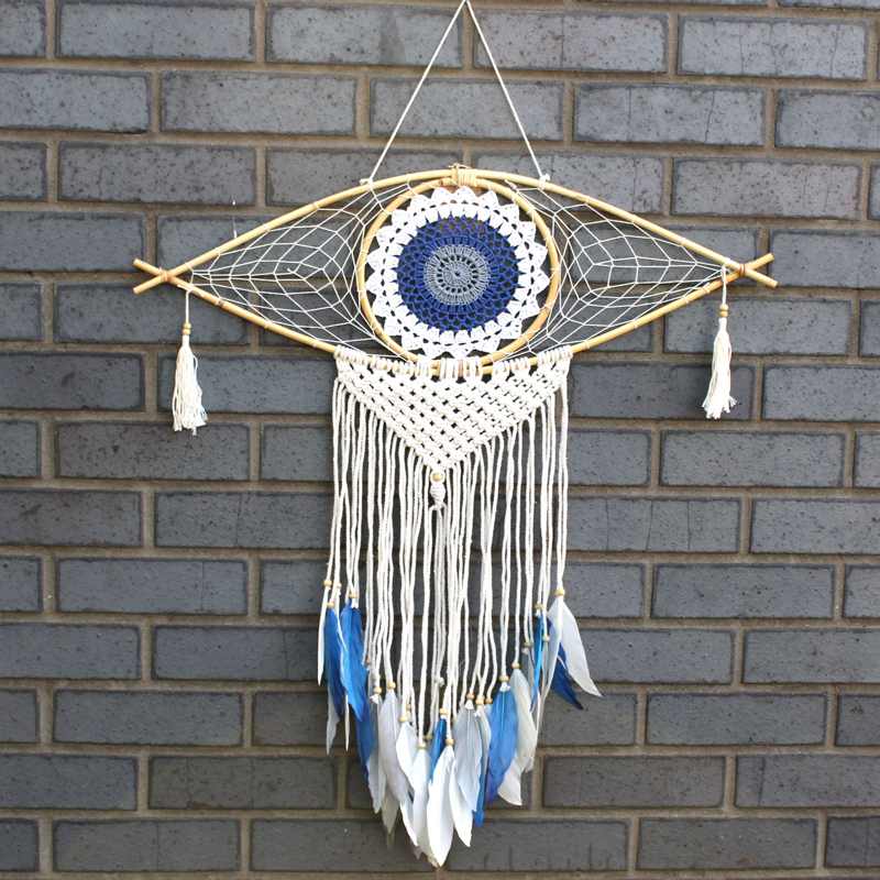 Protection Dream Catcher  - Lrg Macrame Evil Eye White/ Blue/Grey