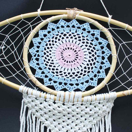 Protection Dream Catcher  - Lrg Macrame Evil Eye White/ Blue/Grey