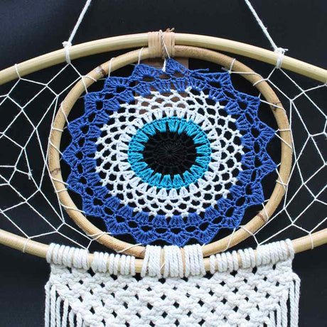 Protection Dream Catcher - Lrg Macrame Evil Eye Blue/White/Black