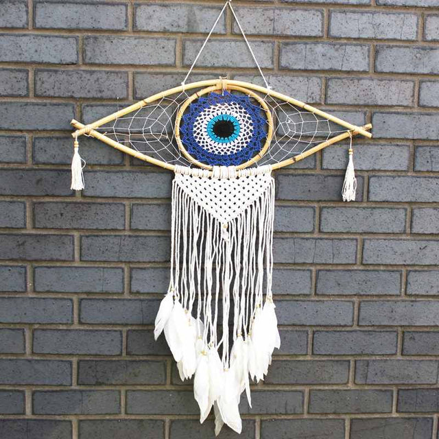 Protection Dream Catcher - Lrg Macrame Evil Eye Blue/White/Black