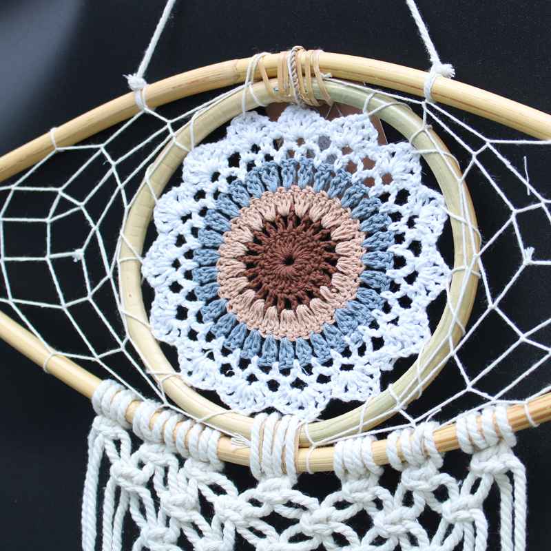 Protection Dream Catcher - Med Macrame Evil Eye White/ Grey/Brown