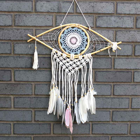 Protection Dream Catcher - Med Macrame Evil Eye Blue/White/Pink