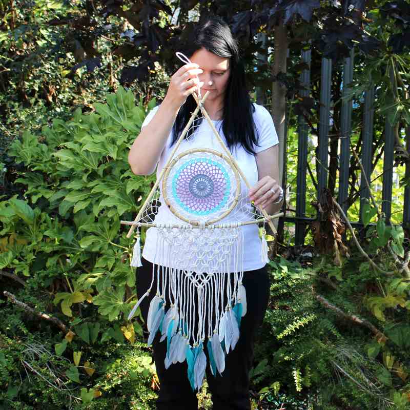 Protection Dream Catcher - Lrg Macrame Pyramid White/Turquoise