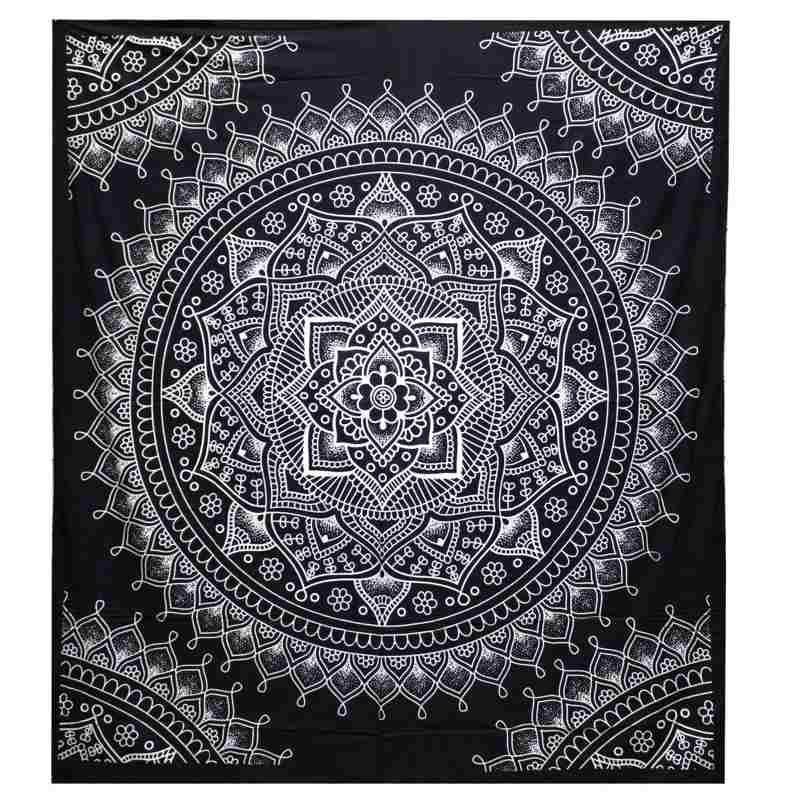 B&W Double Cotton Bedspread + Wall Hanging - Lotus Flower