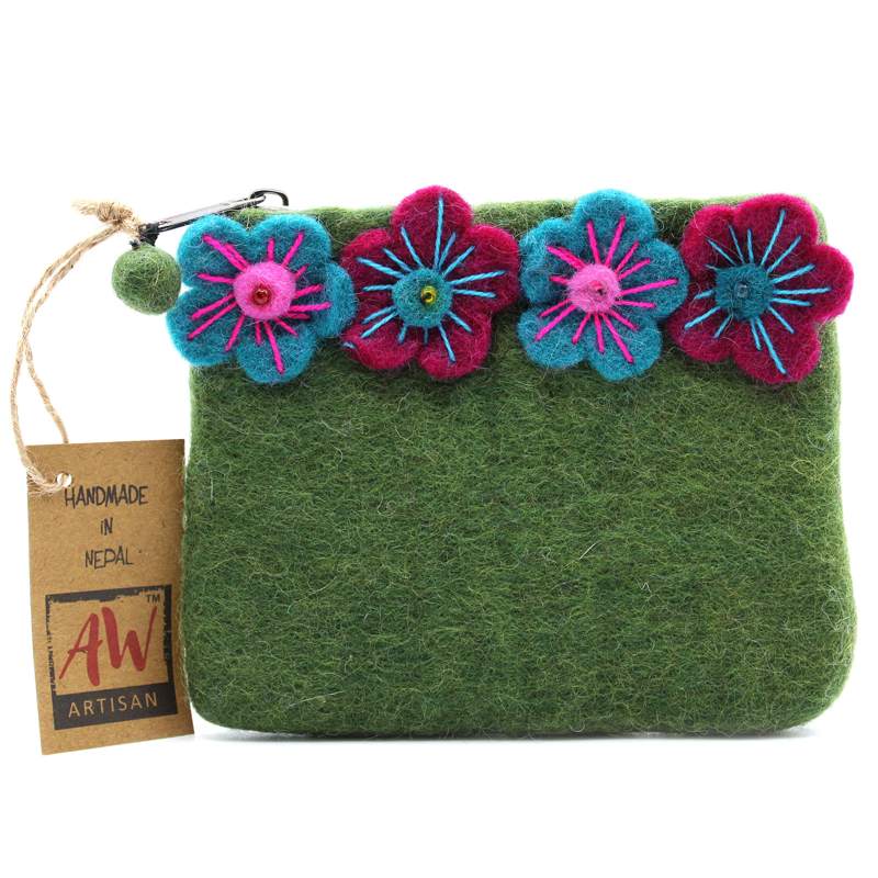 Natural Felt Zipper Pouch (asst) - Four Flowers