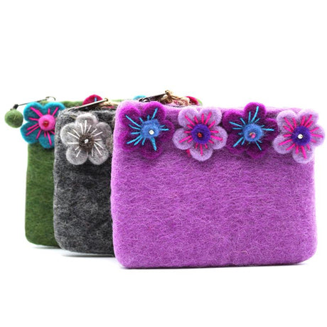 Natural Felt Zipper Pouch (asst) - Four Flowers