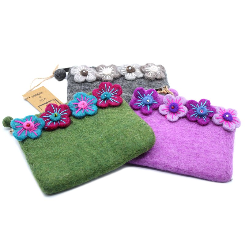 Natural Felt Zipper Pouch (asst) - Four Flowers