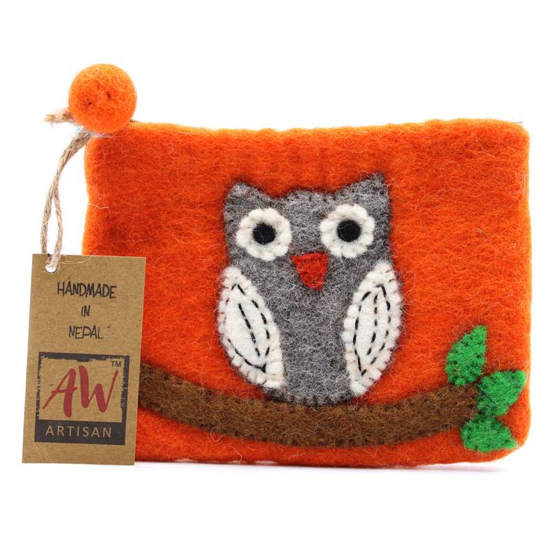 Natural Felt Zipper Pouch (asst) - Owl on Branch