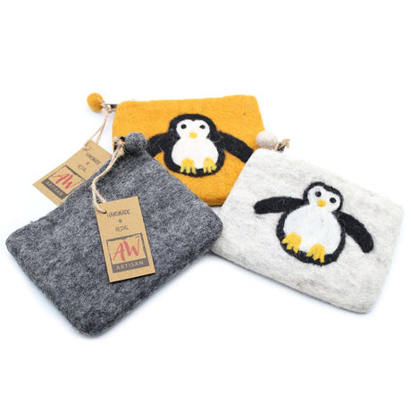 Natural Felt Zipper Pouch (asst) - Cute Penguin