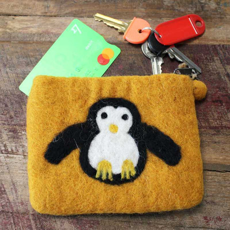 Natural Felt Zipper Pouch (asst) - Cute Penguin