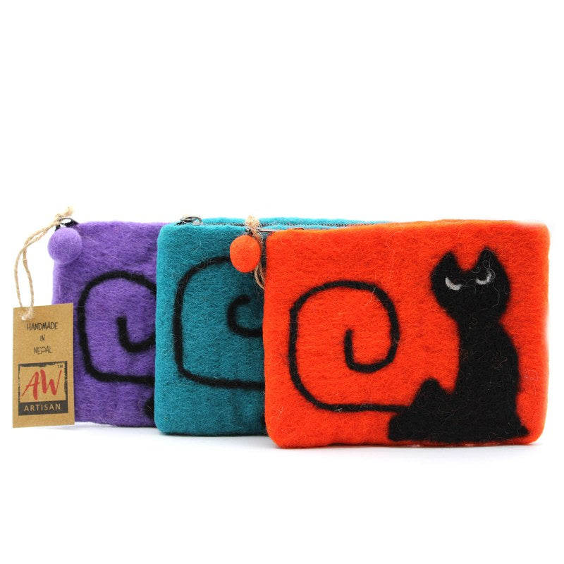 Natural Felt Zipper Pouch (asst) - Black Cat