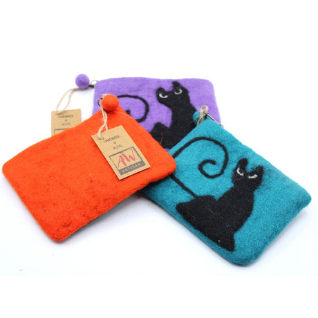 Natural Felt Zipper Pouch (asst) - Black Cat