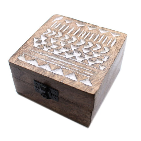 White Washed Wooden Box - 4x4 Aztec Design