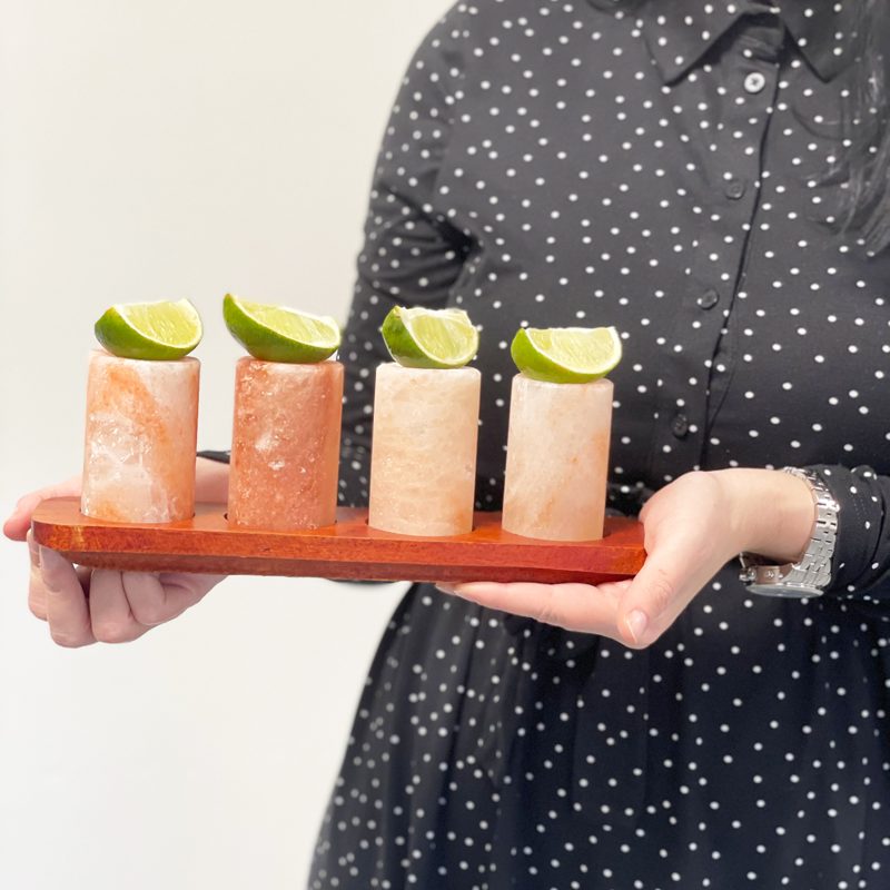 Set of 4 Himalayan Salt Shot Glasses & Wood Serving Stand