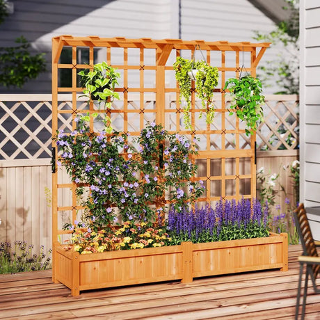 183 cm Tall Large Raised Garden Bed with Lattice Trellis Hanging Roof-Orange