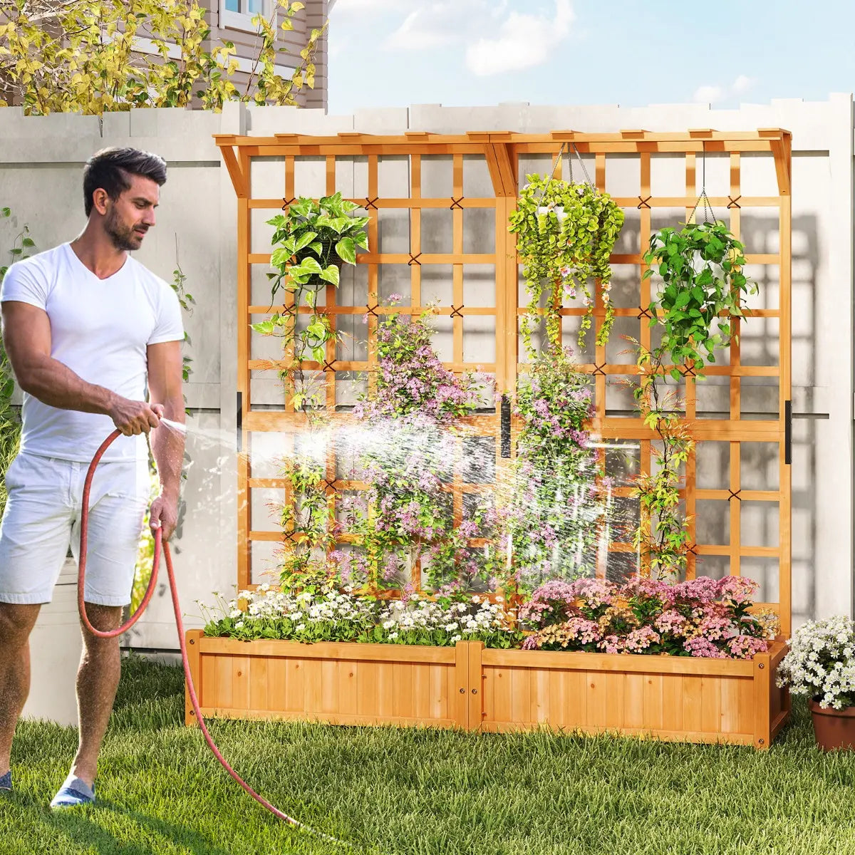 183 cm Tall Large Raised Garden Bed with Lattice Trellis Hanging Roof-Orange