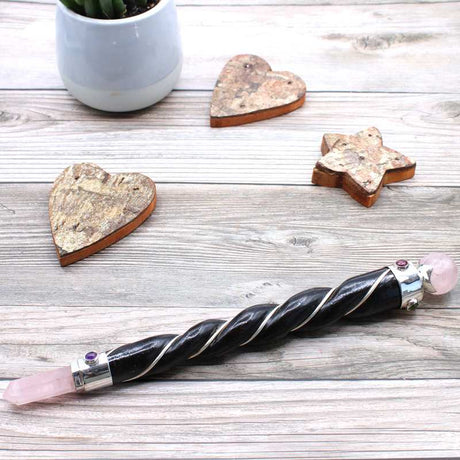 Twisted Healing Wand - Silver Rose Quartz Sphere