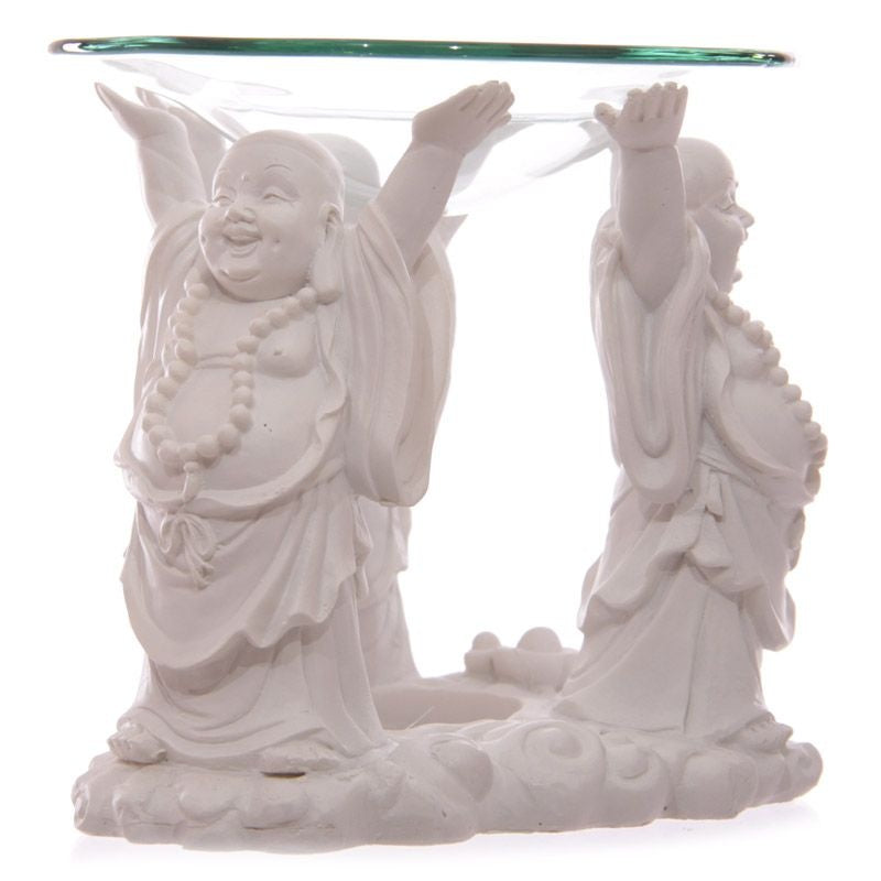 White Laughing Buddha Oil Burner with Glass Dish