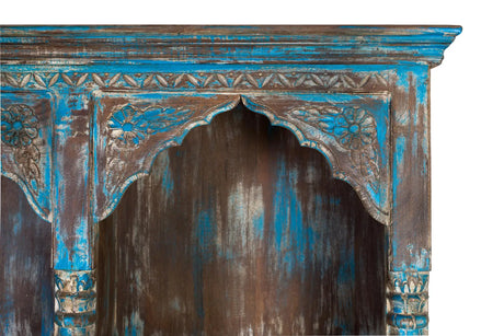 Giner and Colomer - Antique Blue Hand-Carved Mango Wood Bookcase With 3 Drawers
