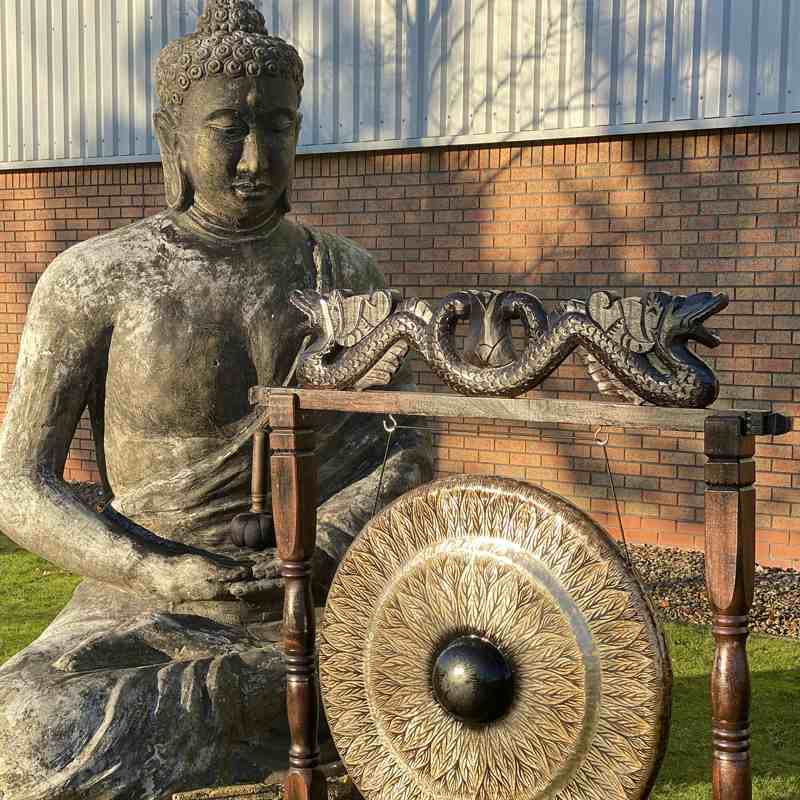 Large Gong in Brown Antique Stand - 80cm - Black - pattern