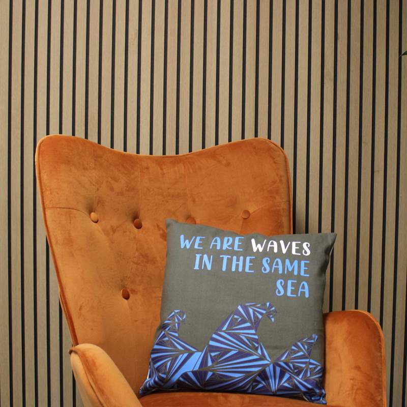 Printed Cotton Cushion Cover - We are Waves - Grey, Blue and Natural