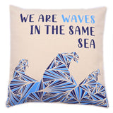 Printed Cotton Cushion Cover - We are Waves - Grey, Blue and Natural