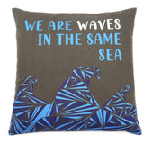 Printed Cotton Cushion Cover - We are Waves - Grey, Blue and Natural