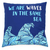 Printed Cotton Cushion Cover - We are Waves - Grey, Blue and Natural