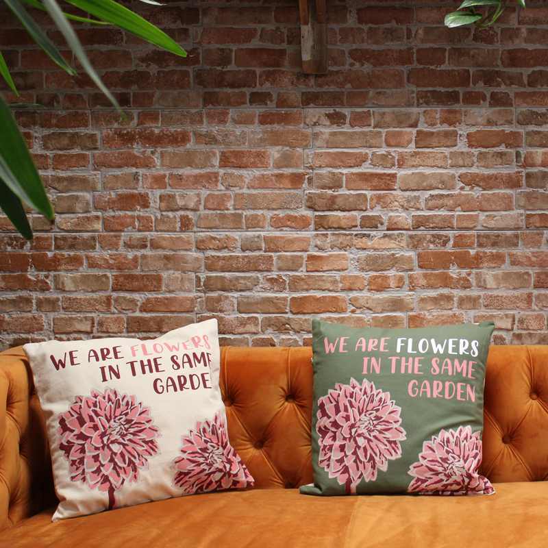 Printed Cotton Cushion Cover - We are Flowers - Olive, Pink and Natural