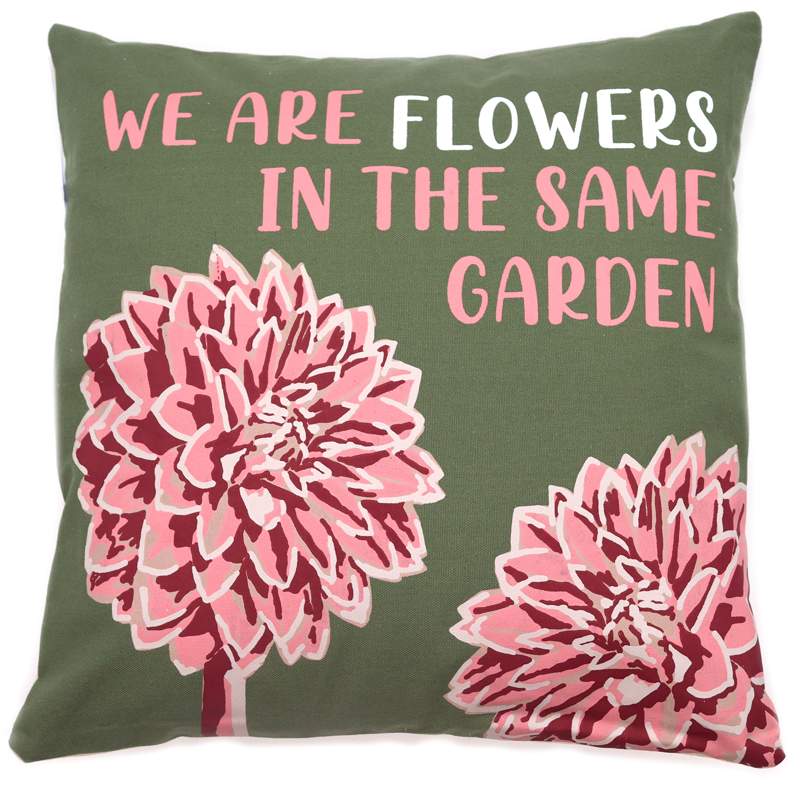 Printed Cotton Cushion Cover - We are Flowers - Olive, Pink and Natural