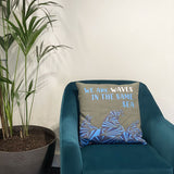 Printed Cotton Cushion Cover - We are Waves - Grey, Blue and Natural