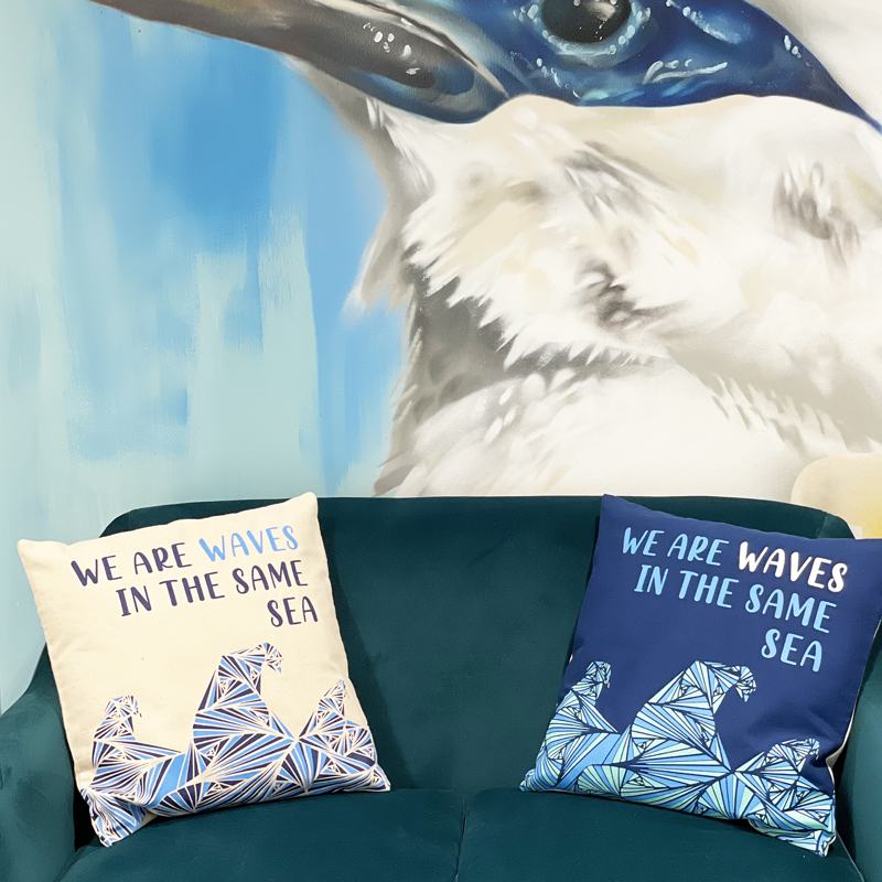 Printed Cotton Cushion Cover - We are Waves - Grey, Blue and Natural