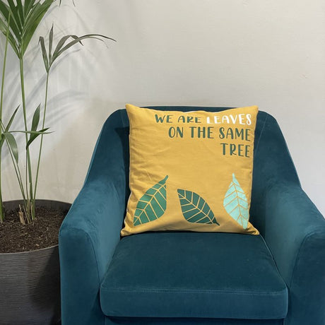 Printed Cotton Cushion Cover - We are Leaves - Yellow, Blue and Natural