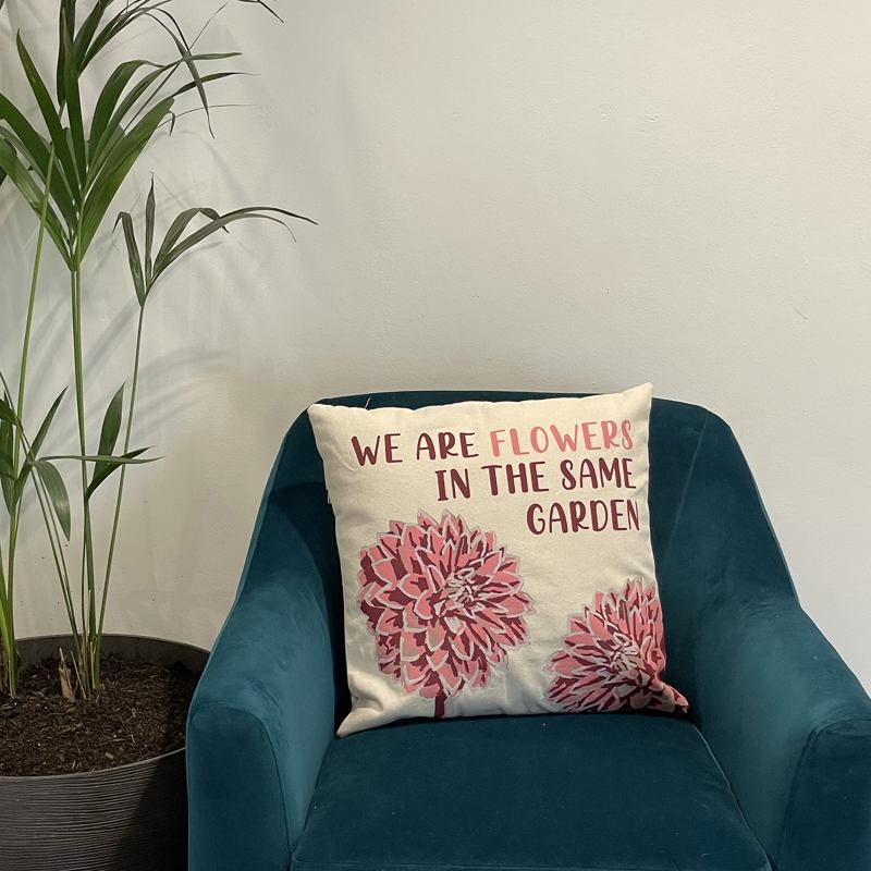 Printed Cotton Cushion Cover - We are Flowers - Olive, Pink and Natural