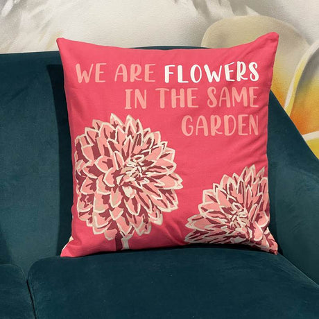 Printed Cotton Cushion Cover - We are Flowers - Olive, Pink and Natural