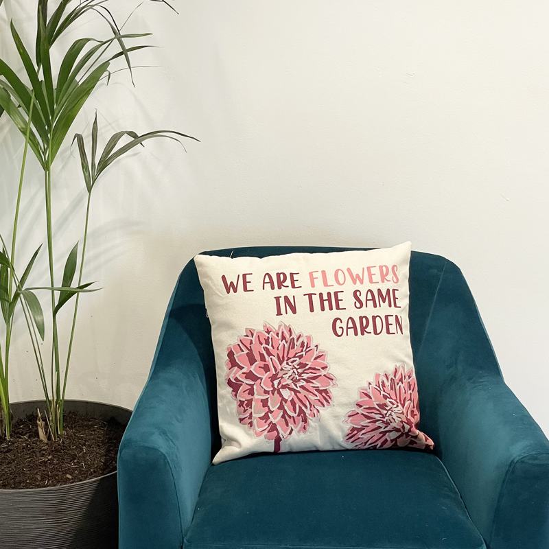 Printed Cotton Cushion Cover - We are Flowers - Olive, Pink and Natural