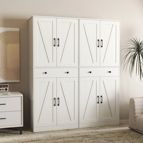 183cm Tall Kitchen Pantry with 4 Barn Doors and 3 Adjustable Shelves-White