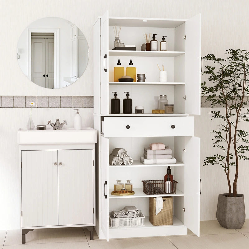 183cm Tall Kitchen Pantry with 4 Barn Doors and 3 Adjustable Shelves-White