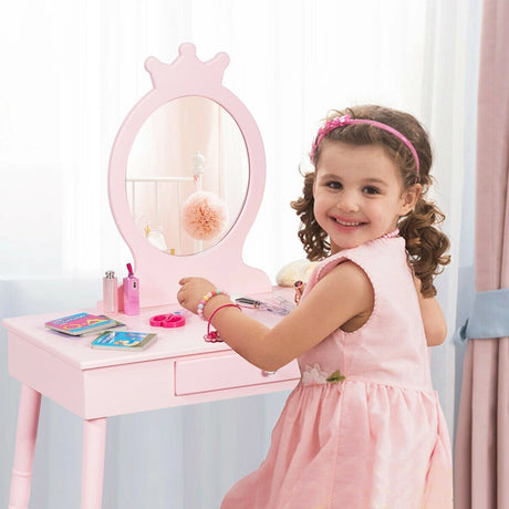 Vanity Makeup Table Set with Real Mirror for Little Girls Pink