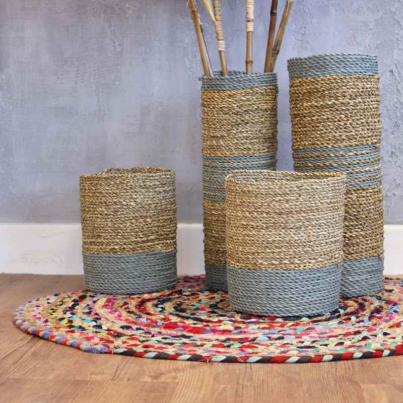 Seagrass & Abu-Abu Raffia Set - 2 Vase & 2 Bins