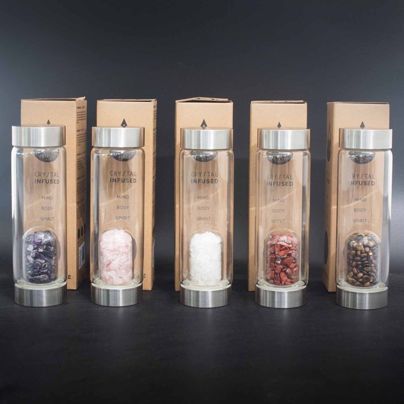 Crystal Infused Glass Water Bottle - Invigorating Red Jasper - Chips