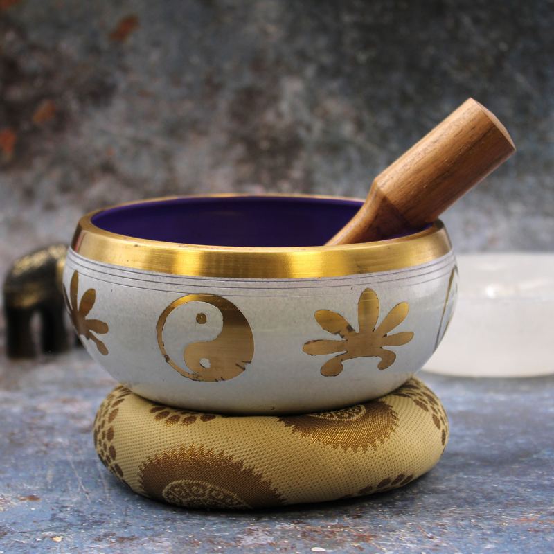 Lrg Yin & Yang Singing Bowl Set- White/Purple 14cm