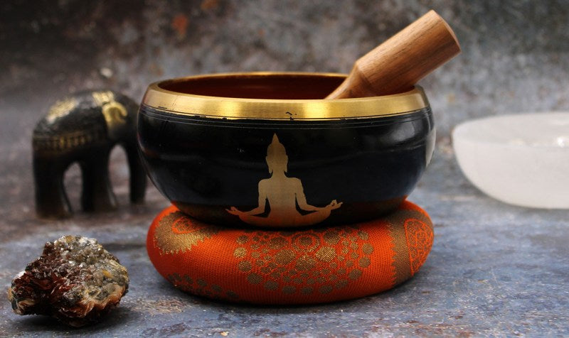 Lrg Buddha Singing Bowl Set- Black/Orange 14cm