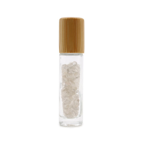 Gemstone Essential Oil Roller Bottle - Rock Quartz  - Wooden Cap