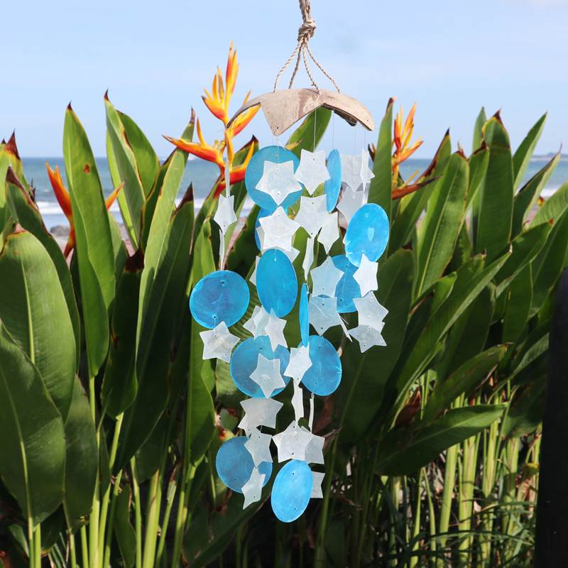 Coconut & Capiz Windchimes - Blue and White Stars - 30cm