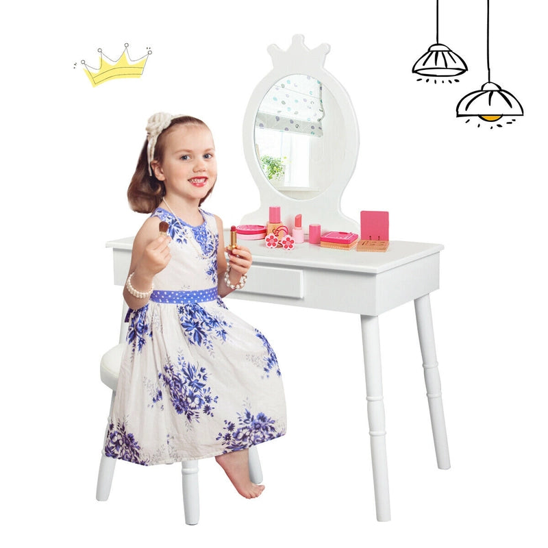 Vanity Makeup Table Set with Real Mirror for Little Girls White
