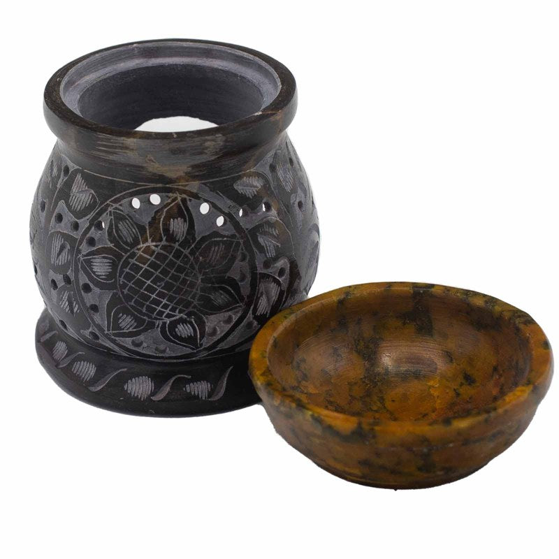 Soapstone Oil Burner 10cm - Mandala Flower - Black & Yellow