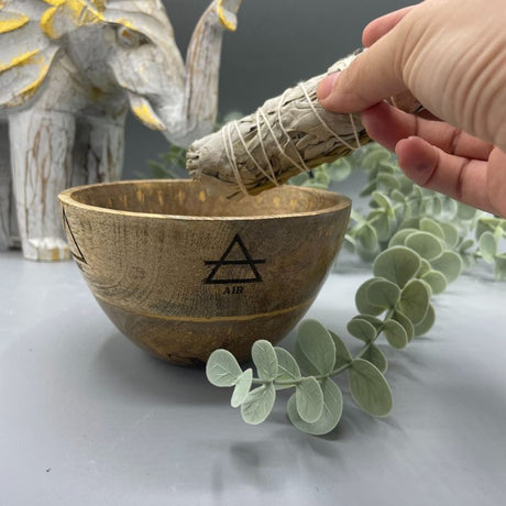 Wooden Smudge and Ritual Offerings Bowl - Four Elements - 11x7cm